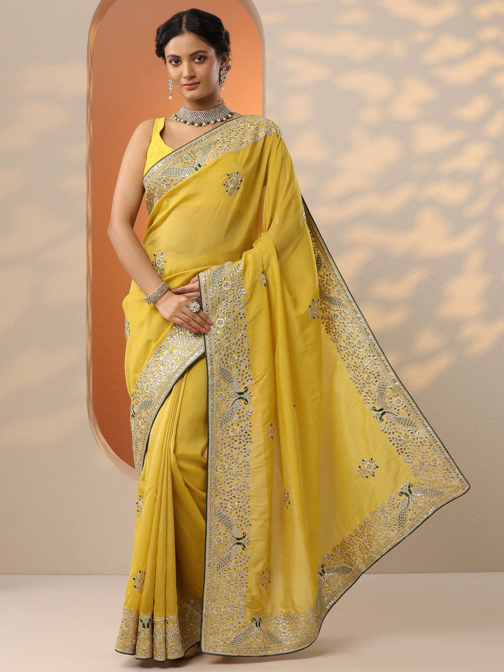 Mustard Embroidered Silk Blend Saree With Unstitched Blouse Piece