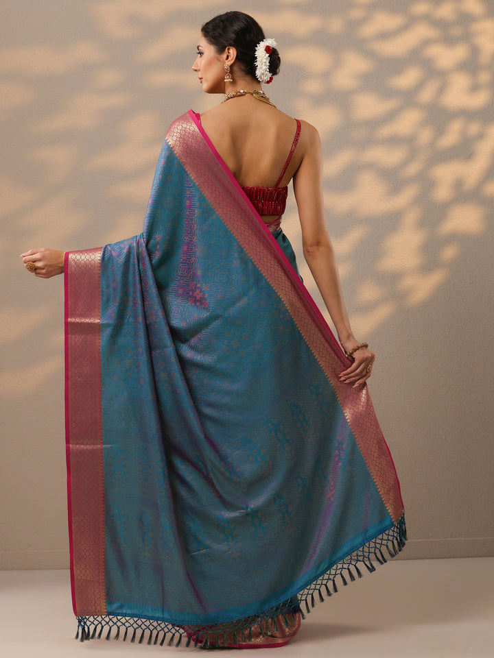 Blue Woven Design Banarasi Silk Blend Saree With Unstitched Blouse Piece