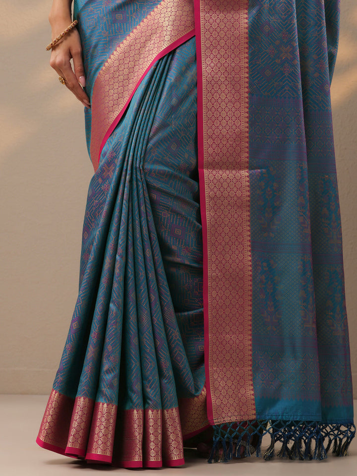 Blue Woven Design Banarasi Silk Blend Saree With Unstitched Blouse Piece