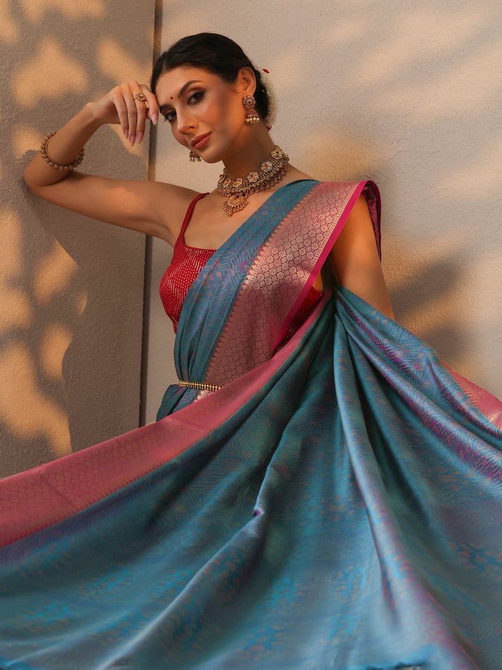Blue Woven Design Banarasi Silk Blend Saree With Unstitched Blouse Piece