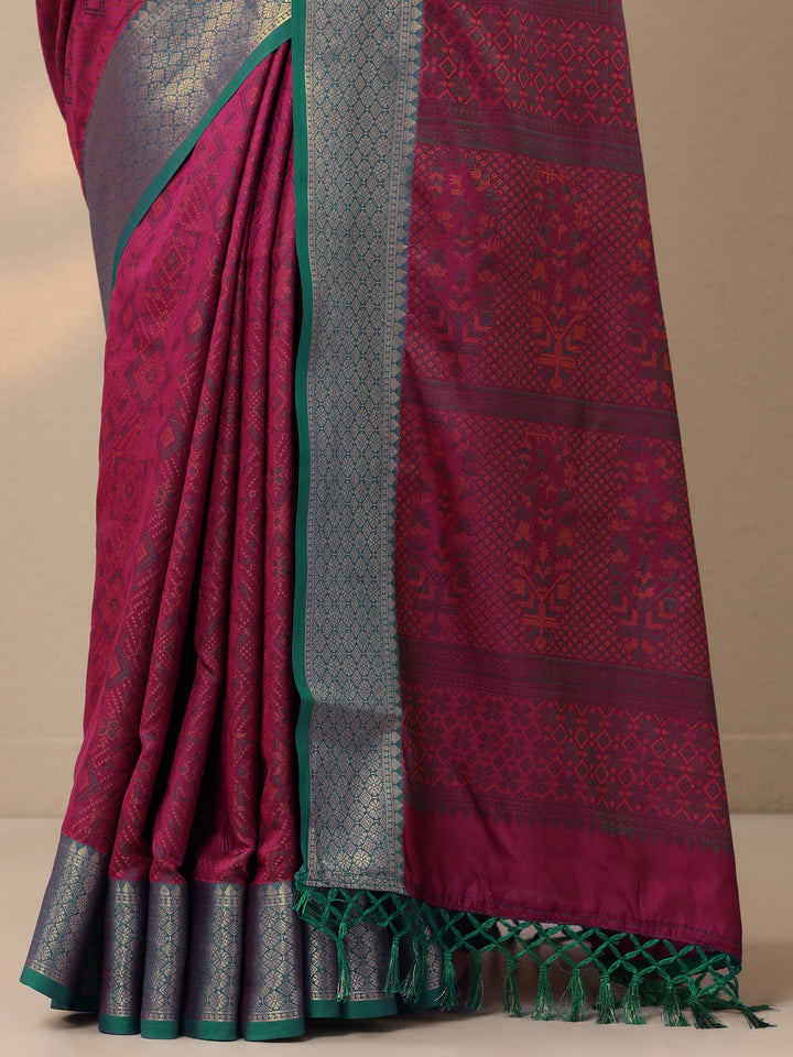 Magenta Woven Design Banarasi Silk Blend Saree With Unstitched Blouse Piece