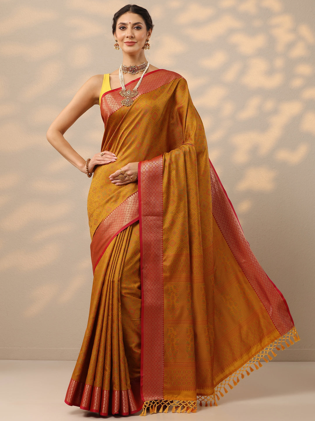 Mustard Woven Design Banarasi Silk Blend Saree With Unstitched Blouse Piece