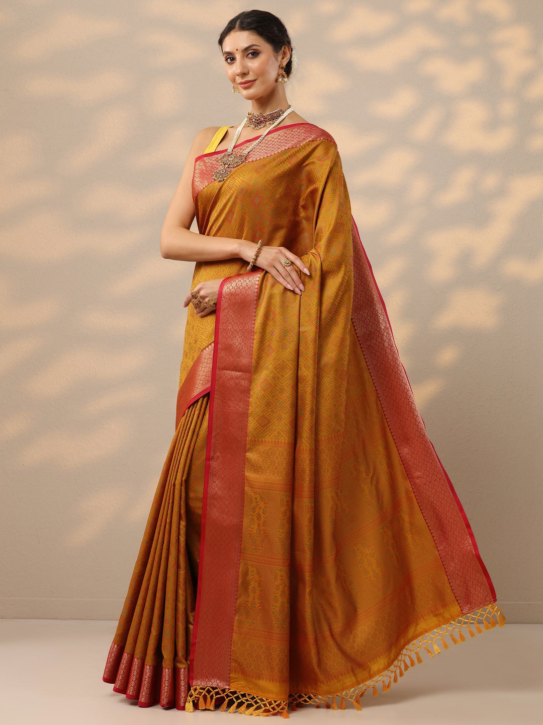 Mustard Woven Design Banarasi Silk Blend Saree With Unstitched Blouse Piece