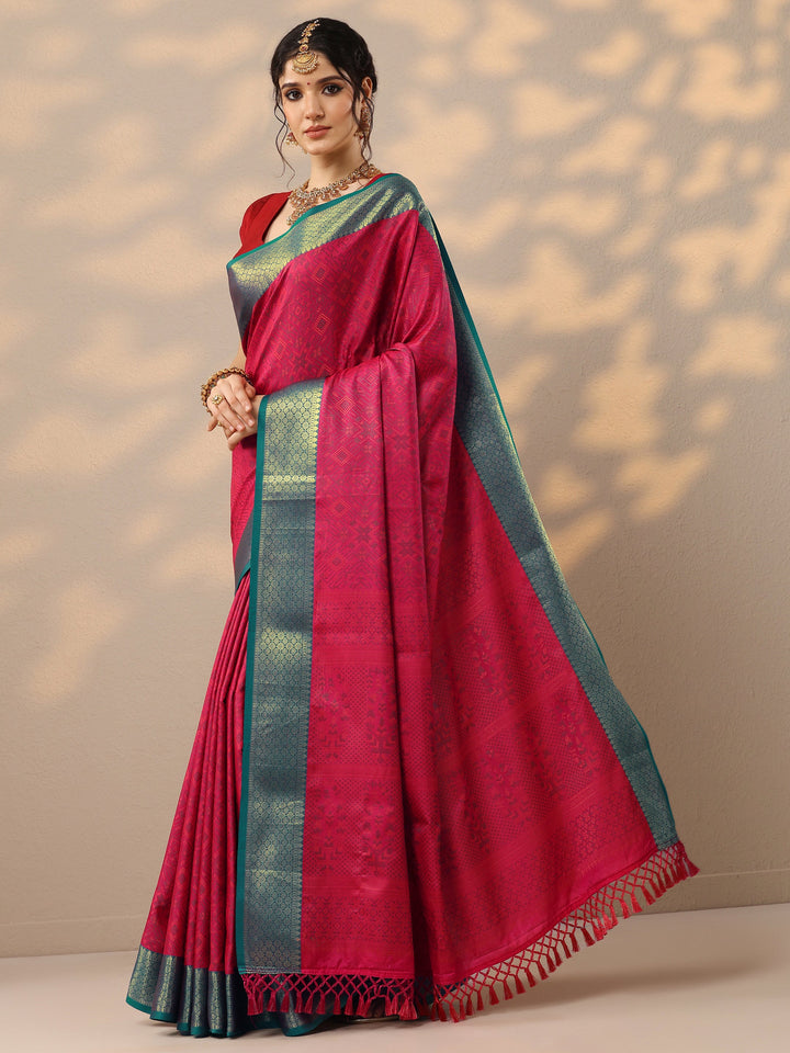 Pink Woven Design Banarasi Silk Blend Saree With Unstitched Blouse Piece