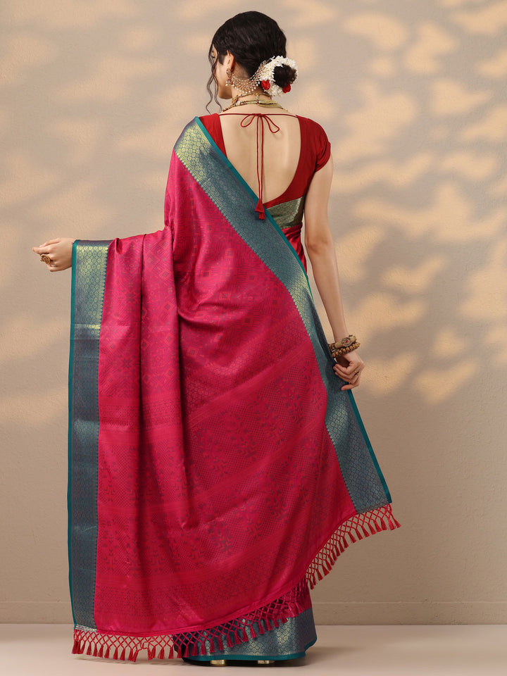Pink Woven Design Banarasi Silk Blend Saree With Unstitched Blouse Piece