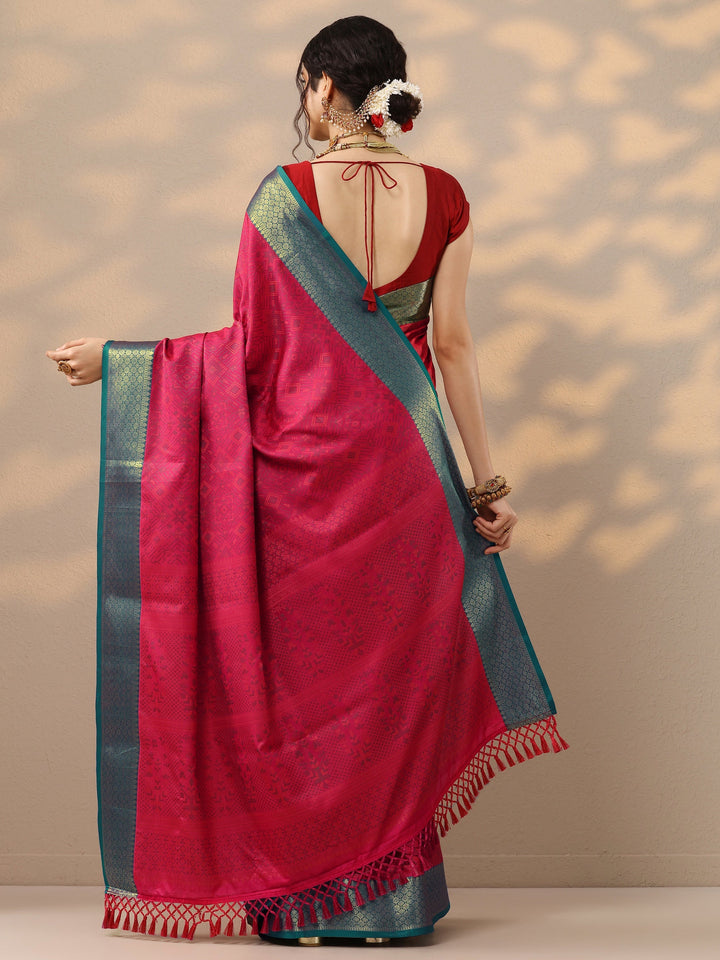 Pink Woven Design Banarasi Silk Blend Saree With Unstitched Blouse Piece