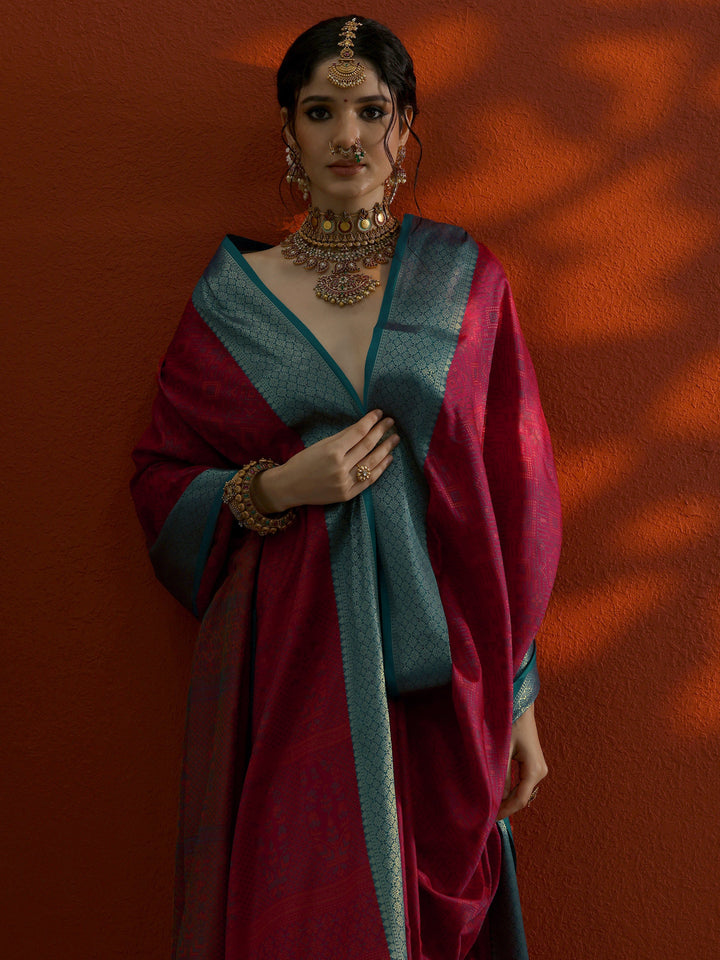 Pink Woven Design Banarasi Silk Blend Saree With Unstitched Blouse Piece