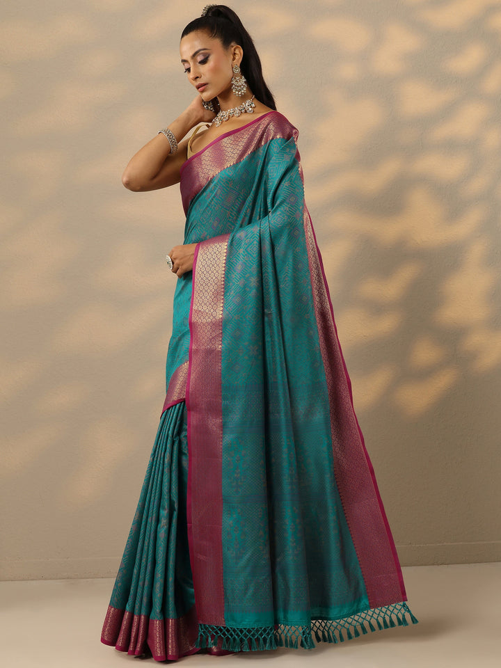 Blue Woven Design Banarasi Silk Blend Saree With Unstitched Blouse Piece