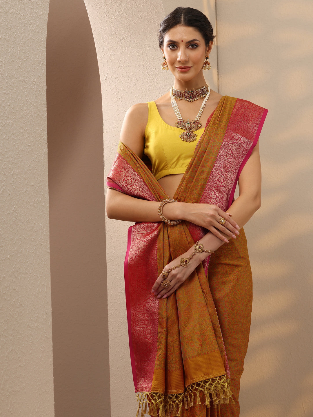 Mustard Woven Design Banarasi Silk Blend Saree With Unstitched Blouse Piece