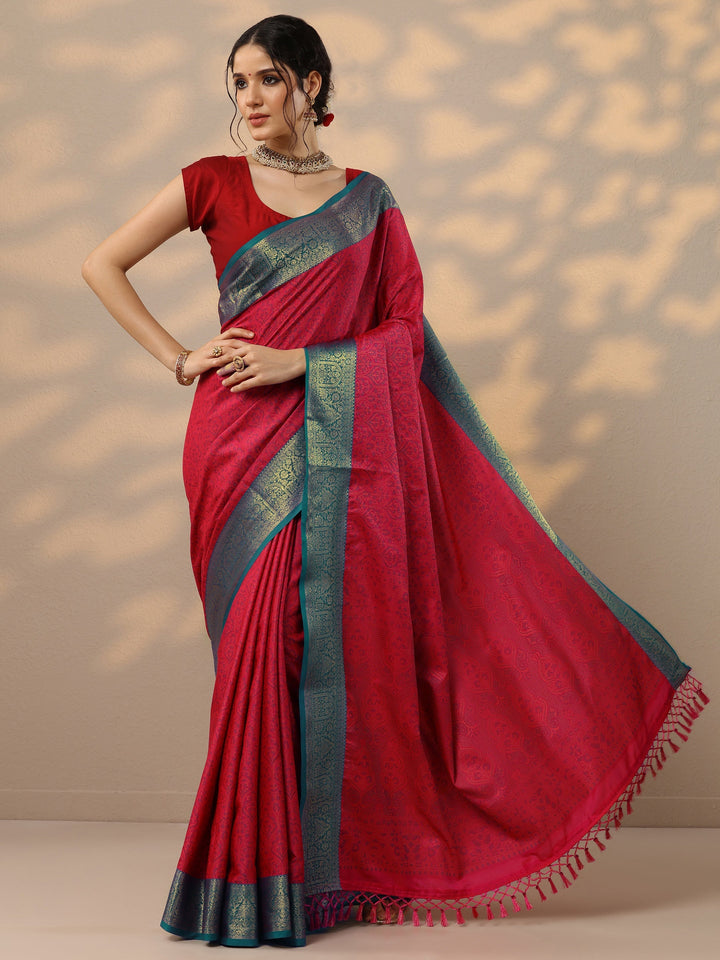 Red Woven Design Banarasi Silk Blend Saree With Unstitched Blouse Piece