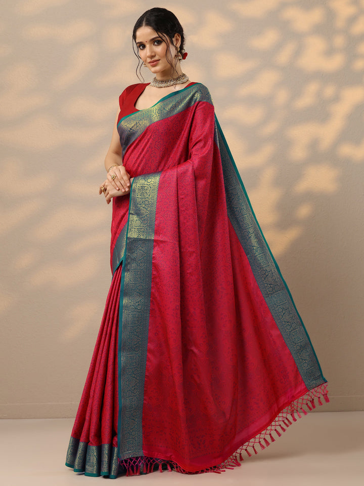 Red Woven Design Banarasi Silk Blend Saree With Unstitched Blouse Piece