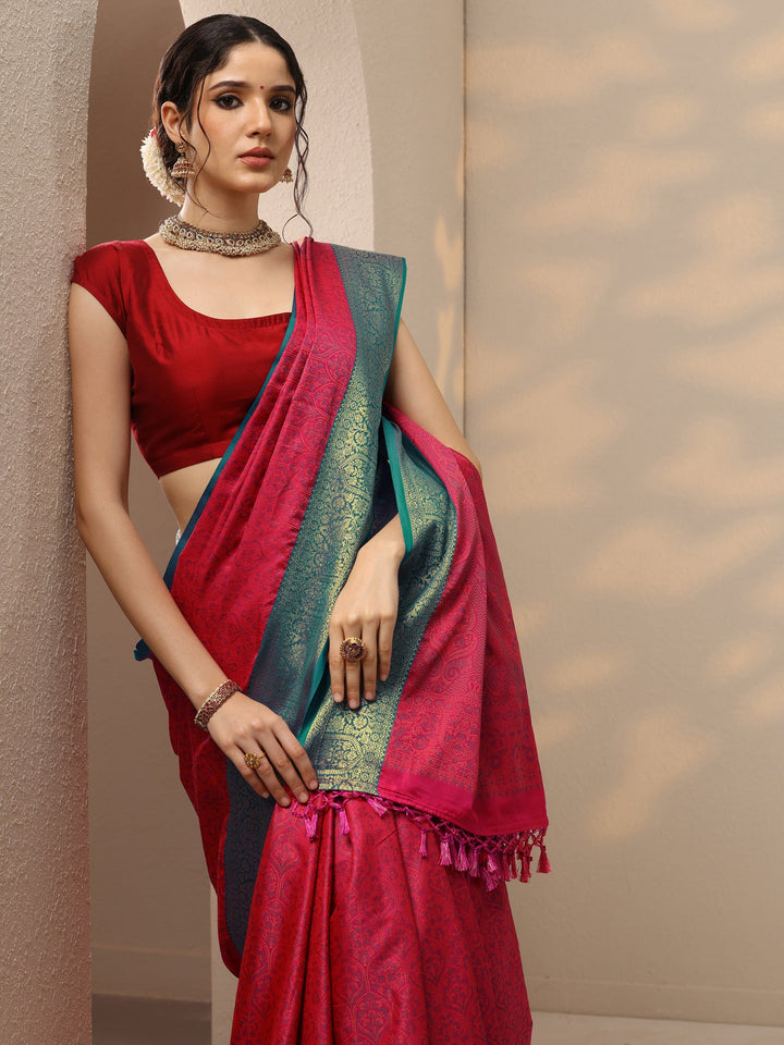 Red Woven Design Banarasi Silk Blend Saree With Unstitched Blouse Piece