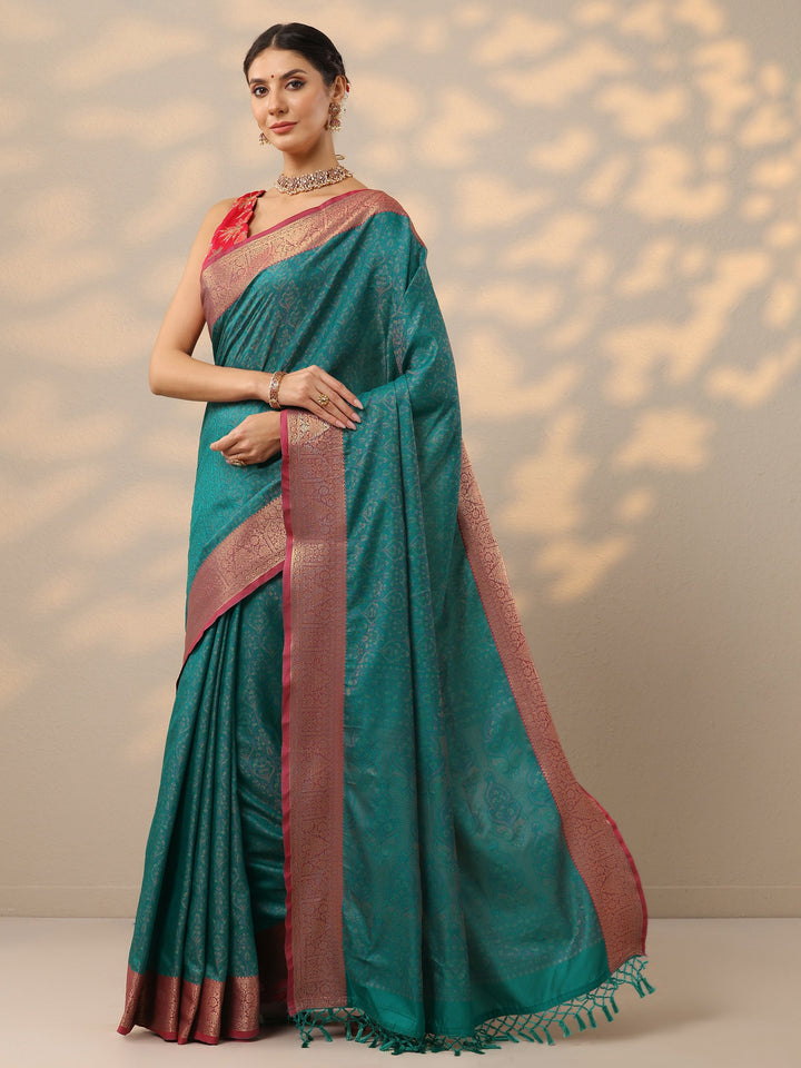 Blue Woven Design Banarasi Silk Blend Saree With Unstitched Blouse Piece