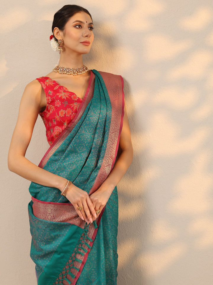 Blue Woven Design Banarasi Silk Blend Saree With Unstitched Blouse Piece