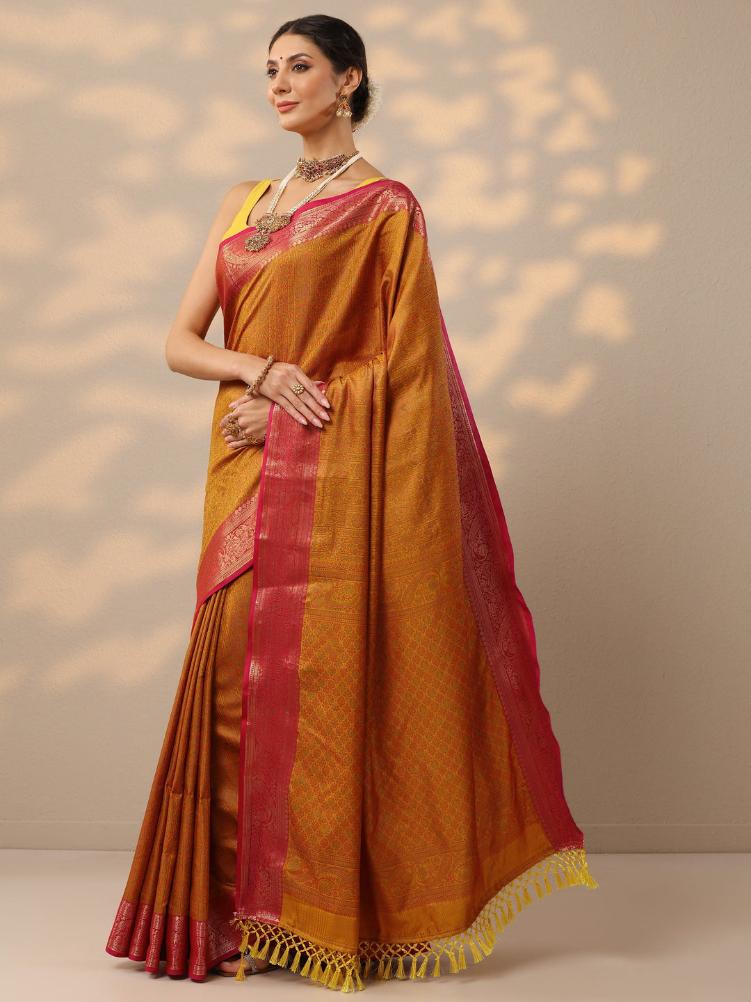 Mustard Woven Design Banarasi Silk Blend Saree With Unstitched Blouse Piece