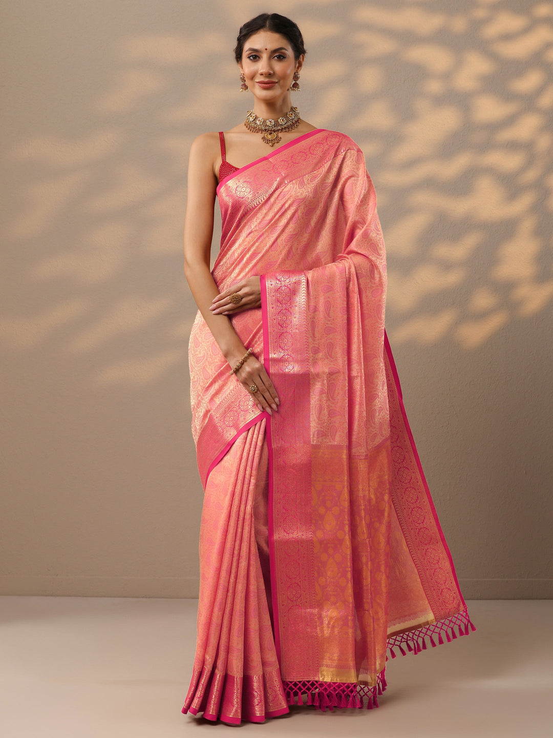 Peach Woven Design Banarasi Silk Blend Saree With Unstitched Blouse Piece