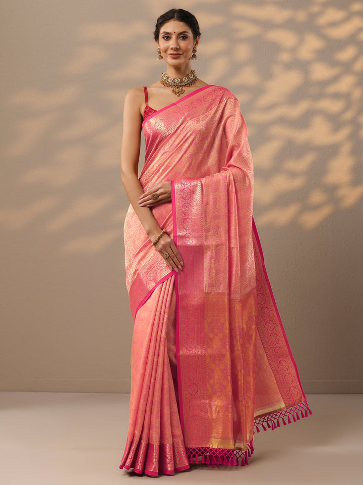 Peach Woven Design Banarasi Silk Blend Saree With Unstitched Blouse Piece