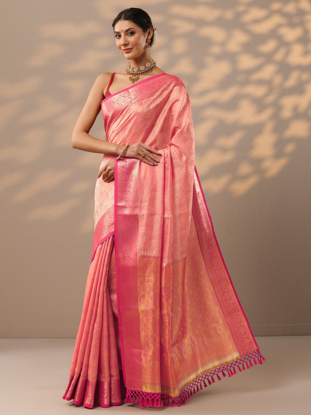 Peach Woven Design Banarasi Silk Blend Saree With Unstitched Blouse Piece