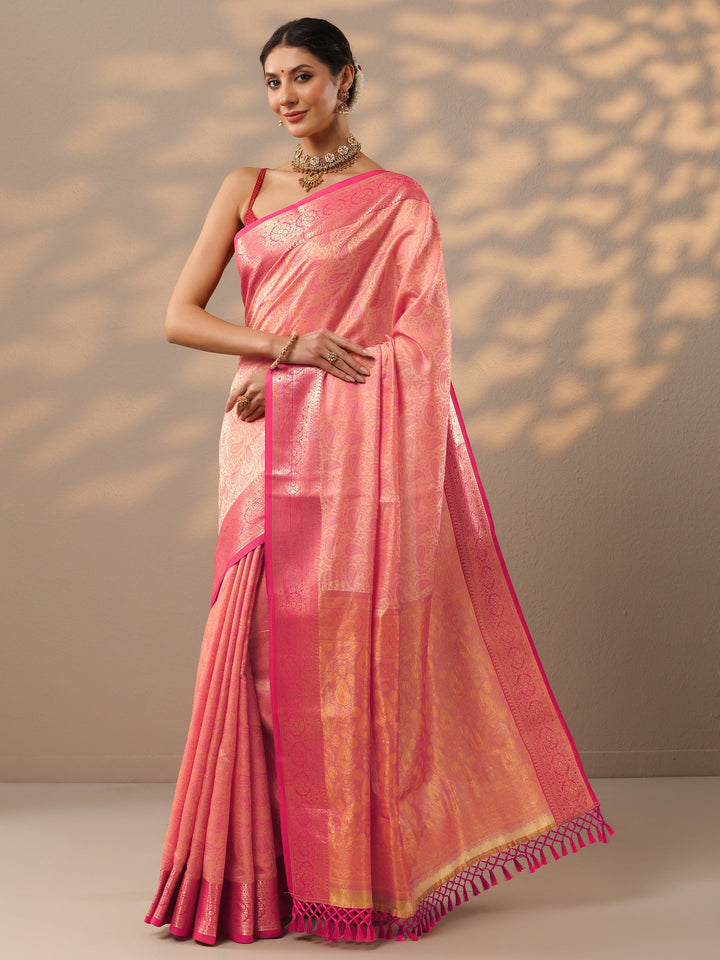 Peach Woven Design Banarasi Silk Blend Saree With Unstitched Blouse Piece