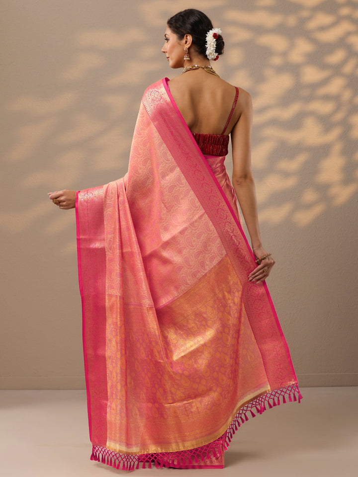 Peach Woven Design Banarasi Silk Blend Saree With Unstitched Blouse Piece