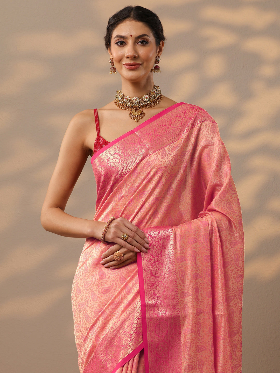Peach Woven Design Banarasi Silk Blend Saree With Unstitched Blouse Piece