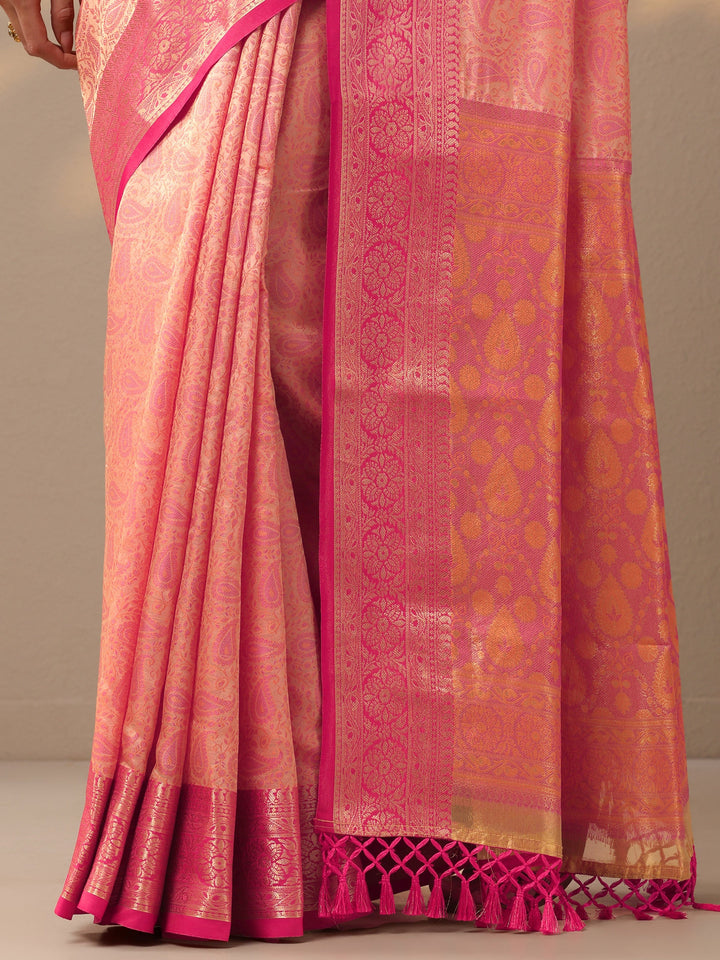 Peach Woven Design Banarasi Silk Blend Saree With Unstitched Blouse Piece