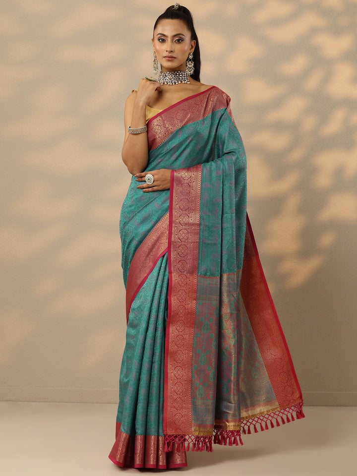 Blue Woven Design Banarasi Silk Blend Saree With Unstitched Blouse Piece