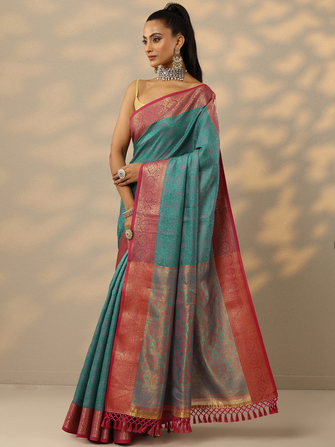 Blue Woven Design Banarasi Silk Blend Saree With Unstitched Blouse Piece