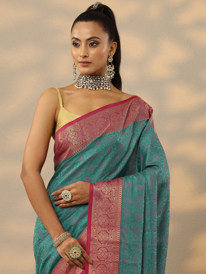 Blue Woven Design Banarasi Silk Blend Saree With Unstitched Blouse Piece