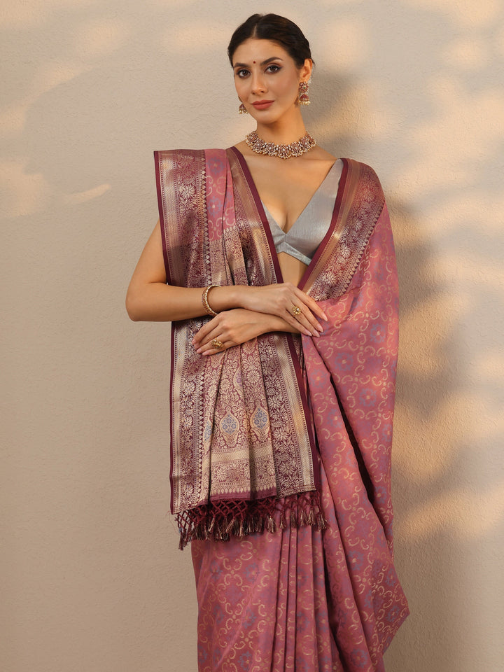 Mauve Woven Design Banarasi Silk Blend Saree With Unstitched Blouse Piece
