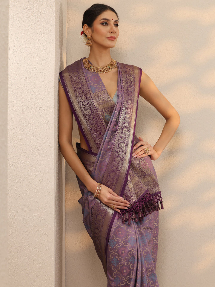 Lavender Woven Design Banarasi Silk Blend Saree With Unstitched Blouse Piece
