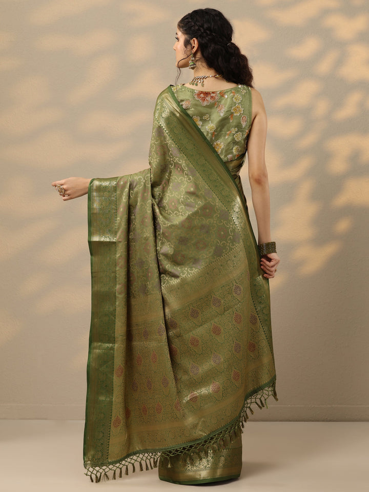 Green Woven Design Banarasi Silk Blend Saree With Unstitched Blouse Piece