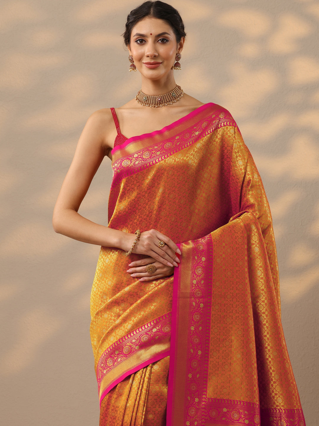 Mustard Woven Design Banarasi Silk Blend Saree With Unstitched Blouse Piece
