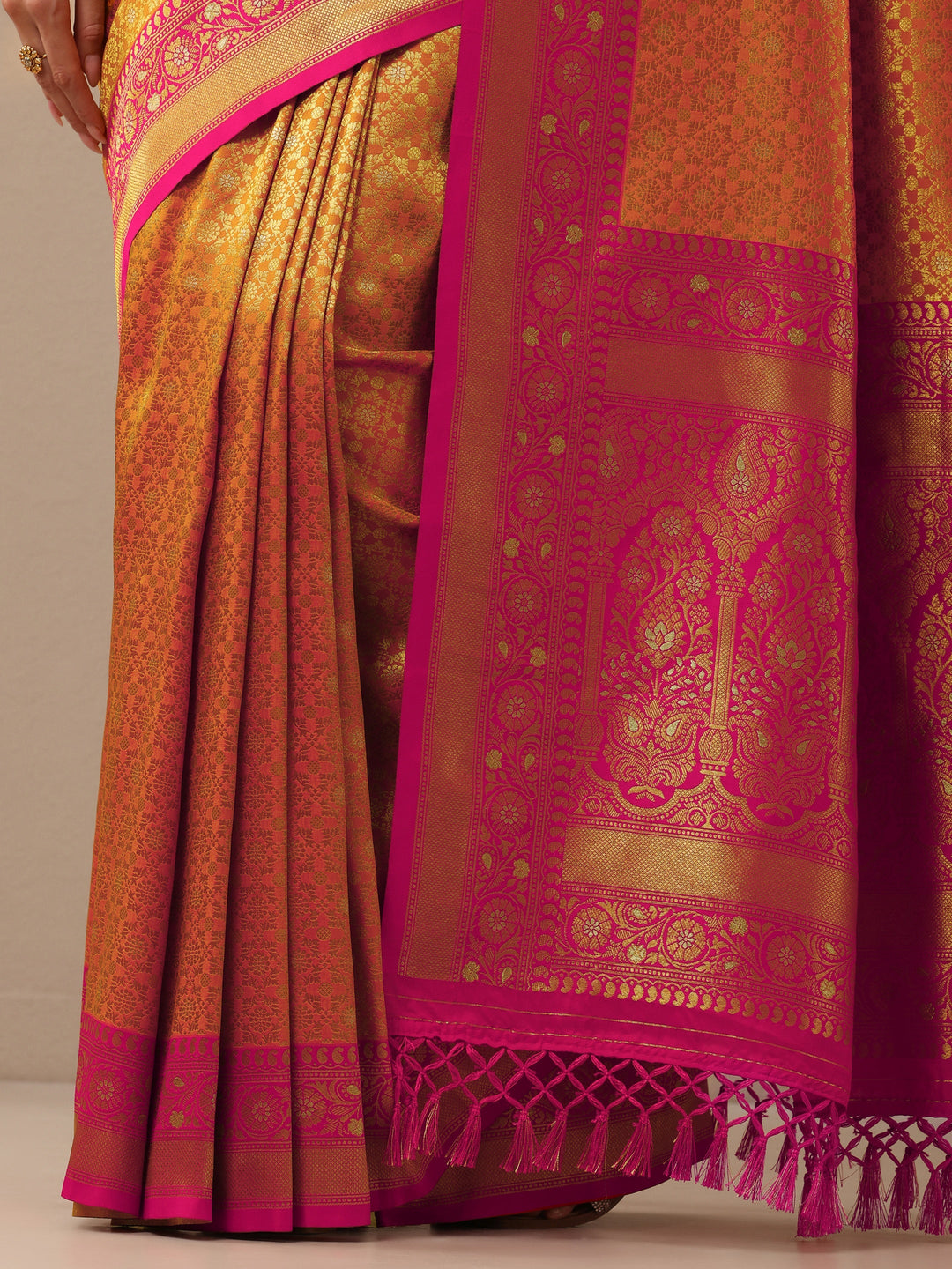 Mustard Woven Design Banarasi Silk Blend Saree With Unstitched Blouse Piece