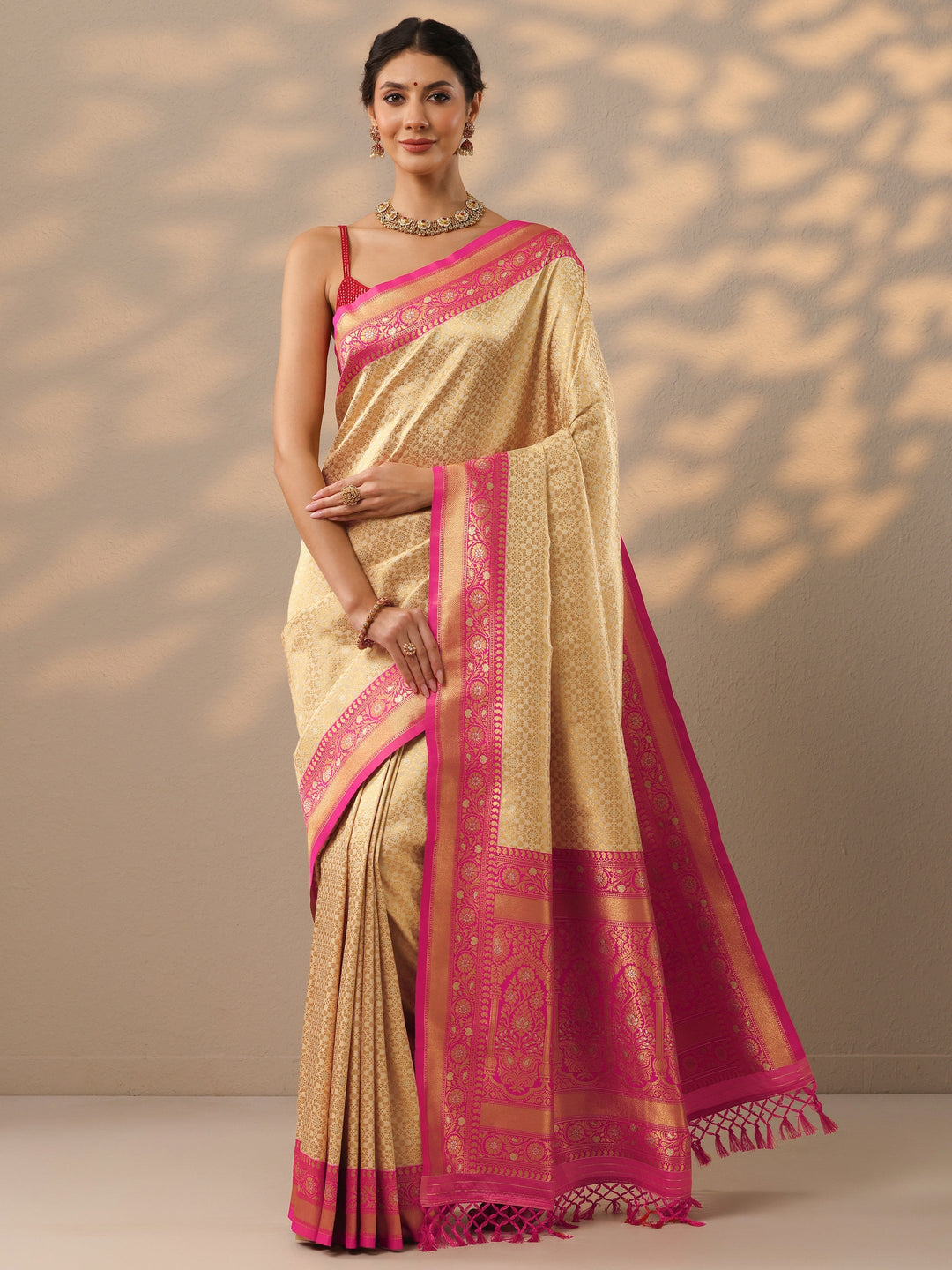 Beige Woven Design Banarasi Silk Blend Saree With Unstitched Blouse Piece