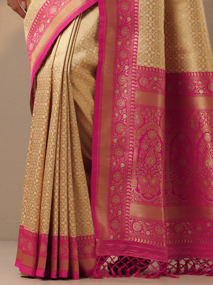 Beige Woven Design Banarasi Silk Blend Saree With Unstitched Blouse Piece