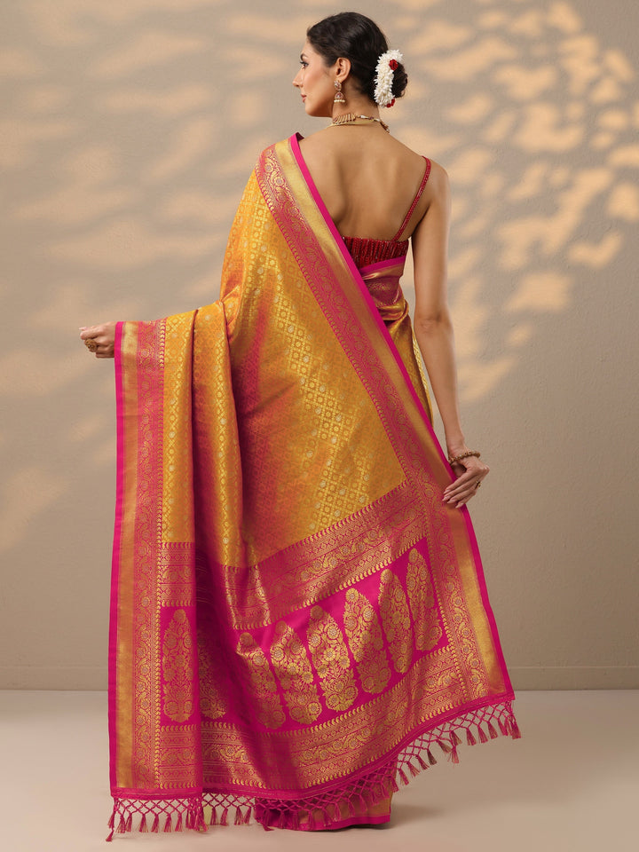 Orange Woven Design Banarasi Silk Blend Saree With Unstitched Blouse Piece