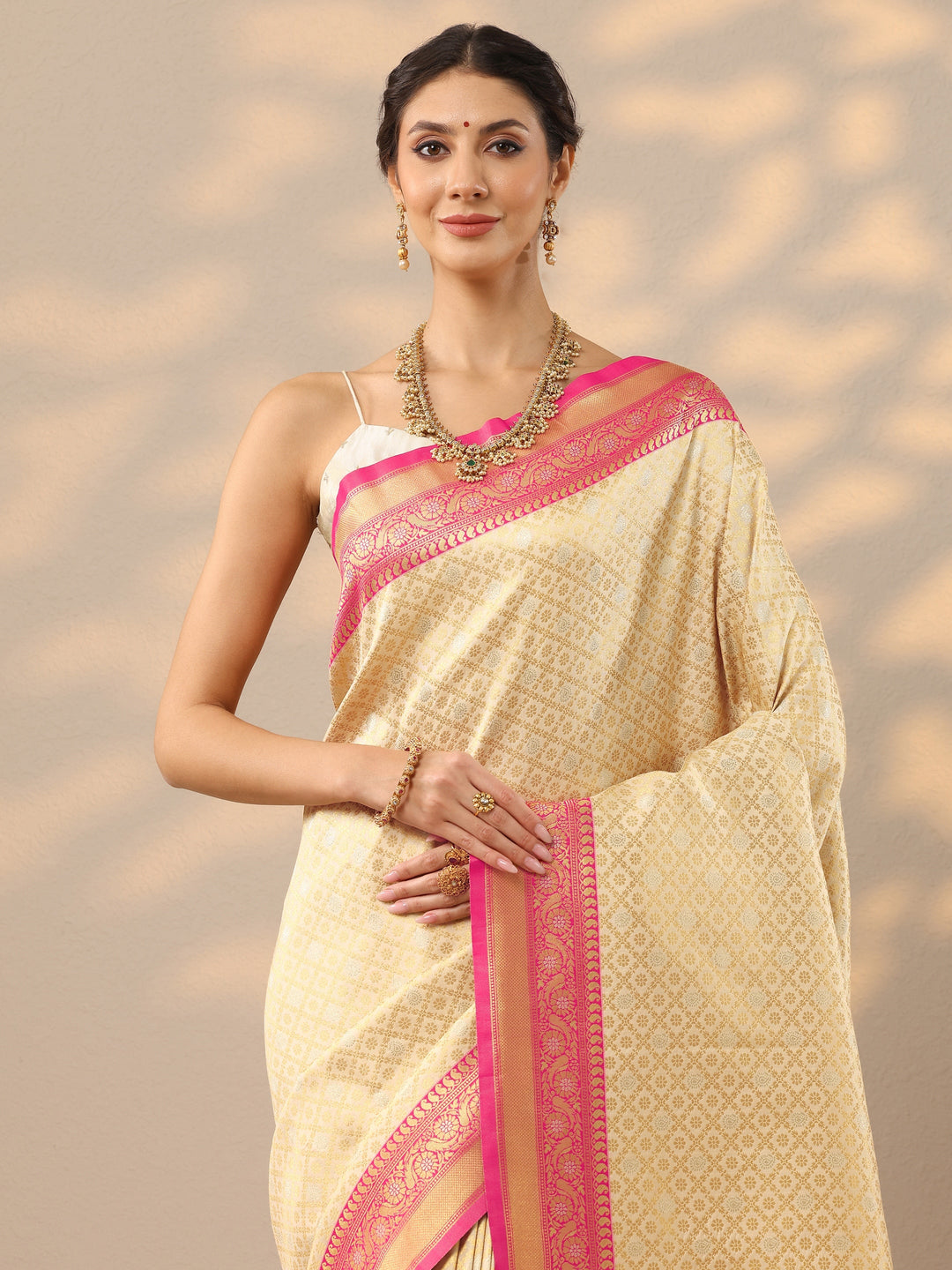 Beige Woven Design Banarasi Silk Blend Saree With Unstitched Blouse Piece