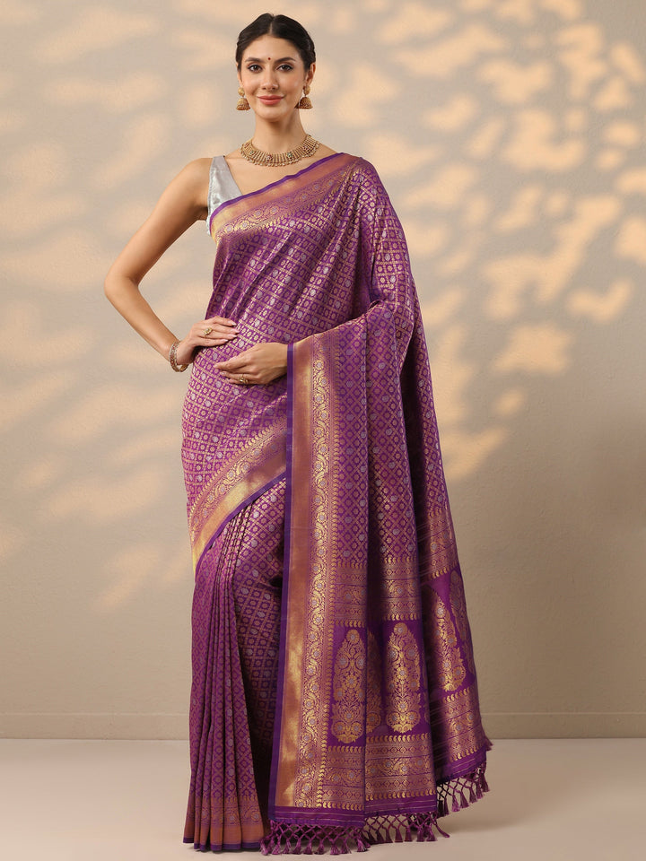 Purple Woven Design Banarasi Silk Blend Saree With Unstitched Blouse Piece
