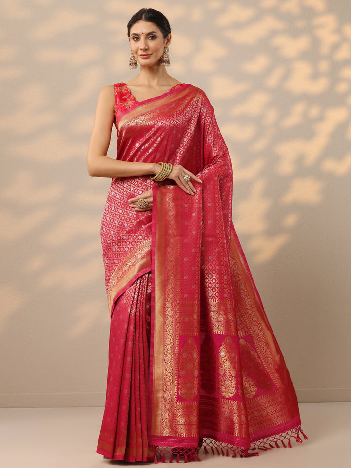 Pink Woven Design Banarasi Silk Blend Saree With Unstitched Blouse Piece