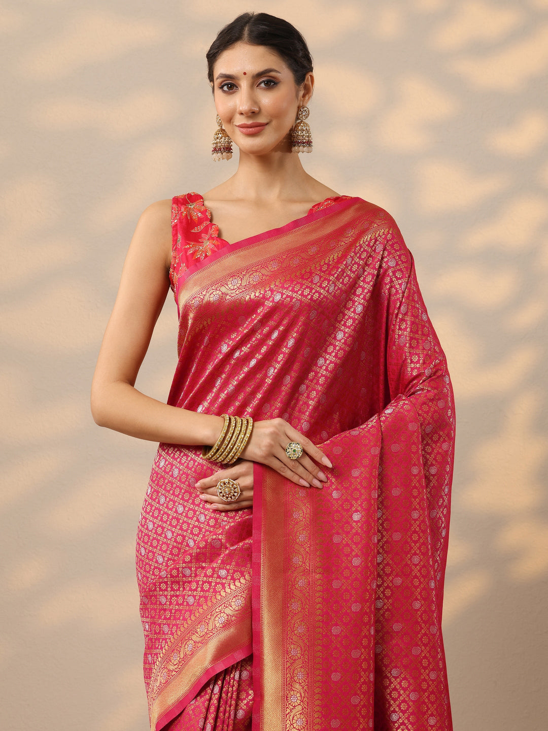 Pink Woven Design Banarasi Silk Blend Saree With Unstitched Blouse Piece