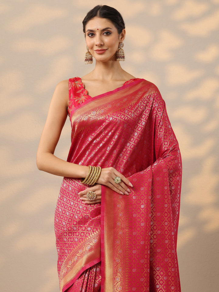 Pink Woven Design Banarasi Silk Blend Saree With Unstitched Blouse Piece