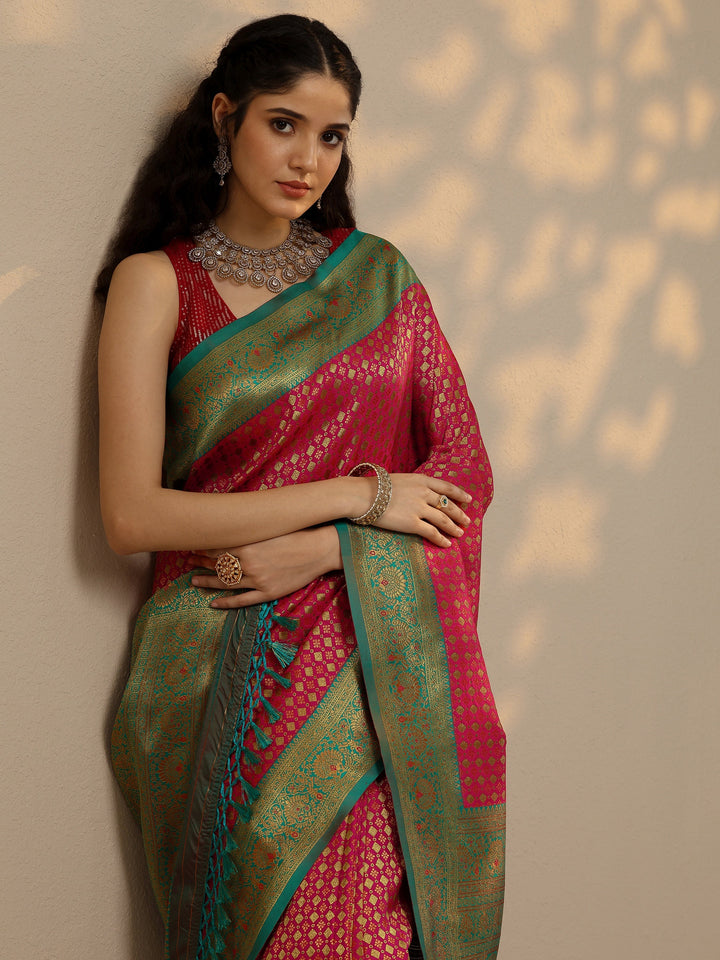 Pink Woven Design Banarasi Silk Blend Saree With Unstitched Blouse Piece