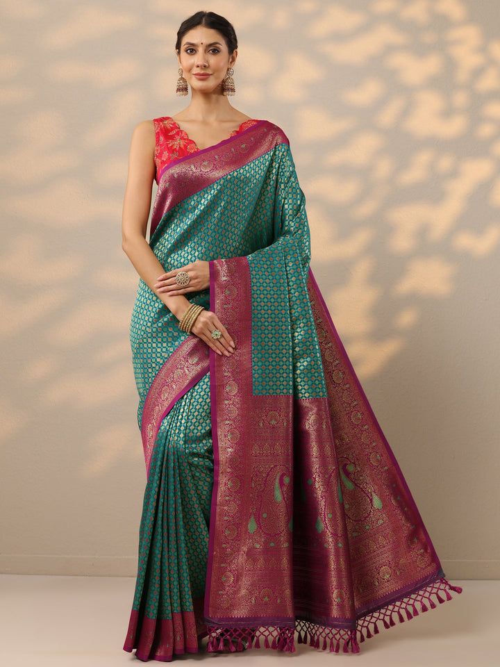 Green Woven Design Banarasi Silk Blend Saree With Unstitched Blouse Piece