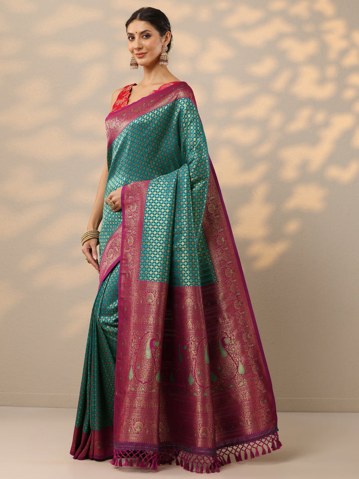 Green Woven Design Banarasi Silk Blend Saree With Unstitched Blouse Piece