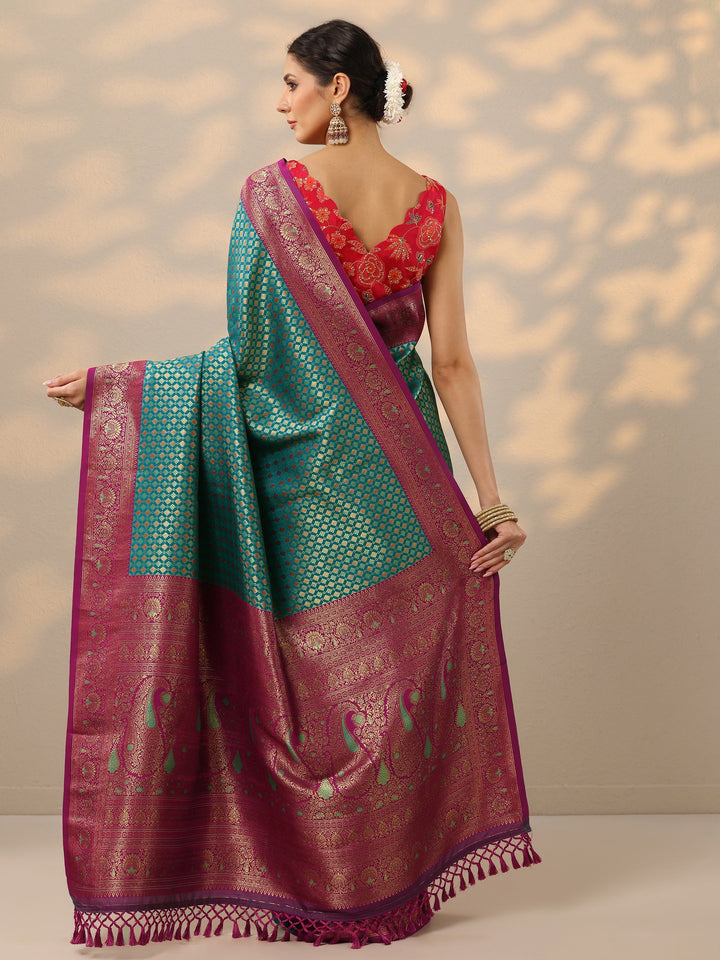 Green Woven Design Banarasi Silk Blend Saree With Unstitched Blouse Piece