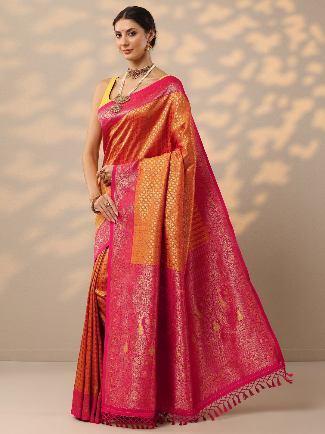 Mustard Woven Design Banarasi Silk Blend Saree With Unstitched Blouse Piece