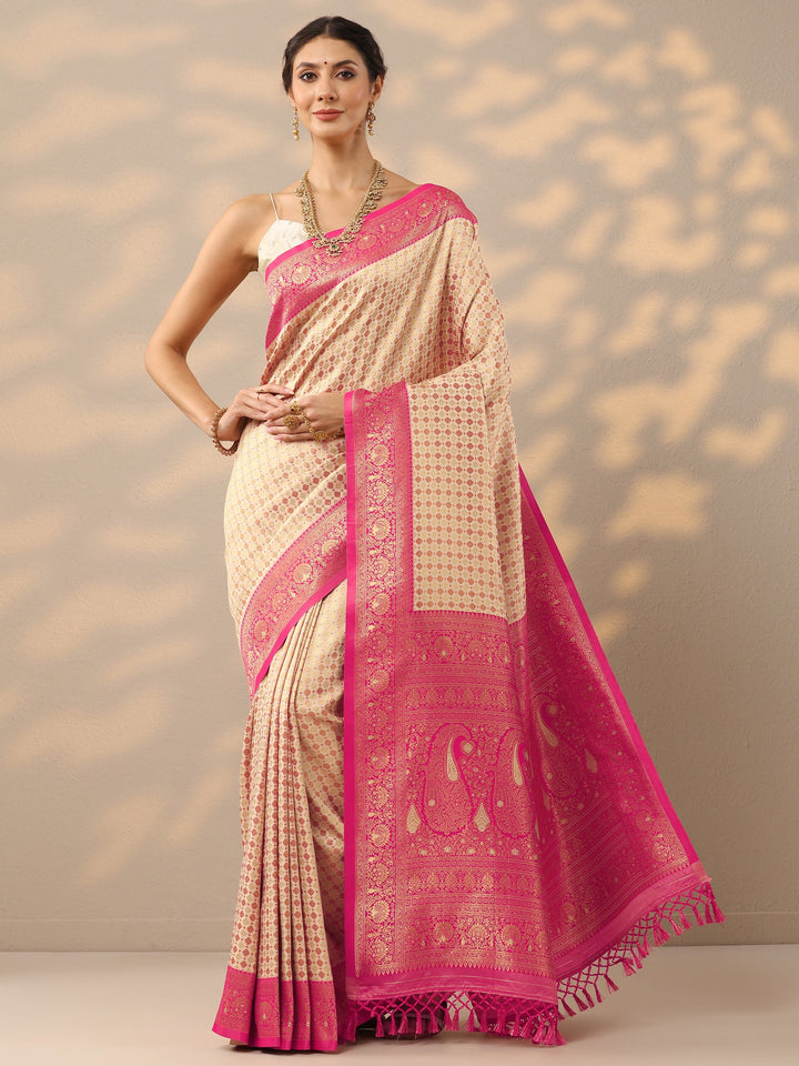 Off White Woven Design Banarasi Silk Blend Saree With Unstitched Blouse Piece