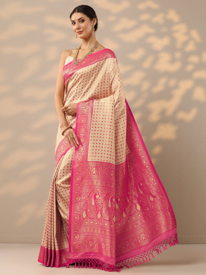 Off White Woven Design Banarasi Silk Blend Saree With Unstitched Blouse Piece
