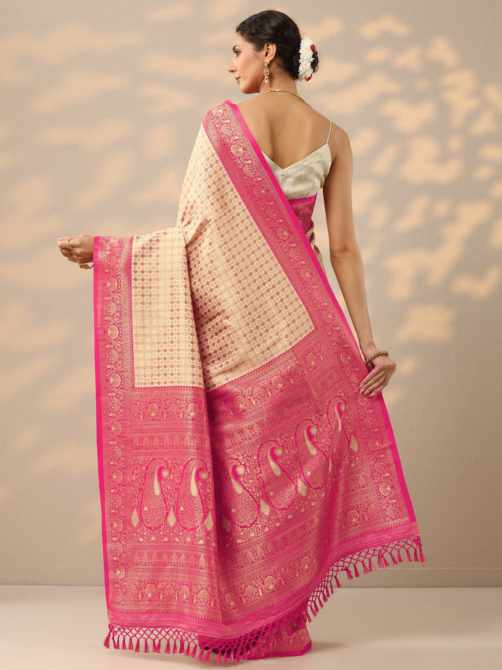 Off White Woven Design Banarasi Silk Blend Saree With Unstitched Blouse Piece